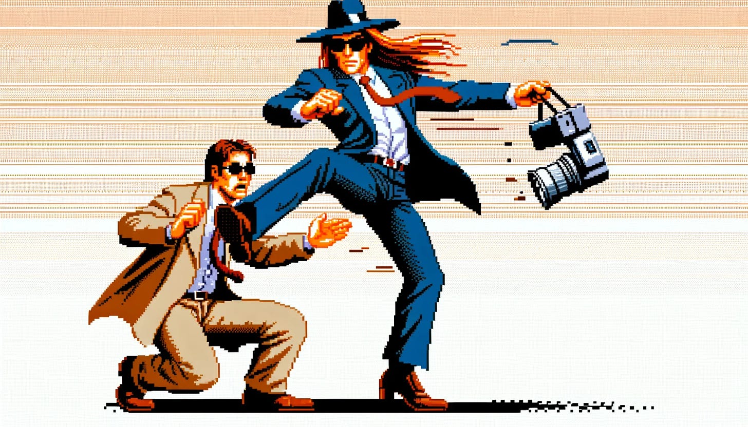 A lower resolution, early video game-style graphic, similar to early 8-bit arcade games. The image features a man with red-blonde long hair, high cheekbones, and an angular jawline, wearing sunglasses, a wide-brimmed hat, and a crisp suit without a tie. His shirt is open-collared. He's in a dynamic kicking pose, smashing a camera held by a paparazzi. The paparazzi is dressed in casual attire, looking shocked. The background is a simple depiction of a city street, in line with early video game graphics.