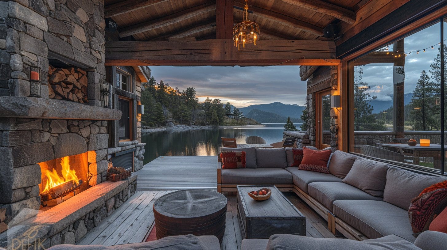 The luxury lakeside Cabin boasts a cozy porch atop a mountain, surrounded by hills and pine forests. The sky, adorned with sunset hues, sets a brilliant scene. Inside, a round fireplace anchors tables and chairs with gray cushions, red pillows, and varied patterns. A stone fireplace, chandelier, and aristocratic design add lavish charm --ar 2:1 --style raw --stylize 750 --v 6.0