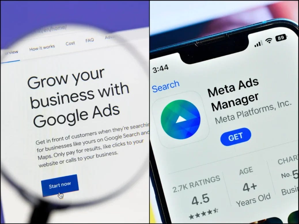 Website for Google Ads which says 'grow your business with Google Ads' and app store page for Meta Ads Manager