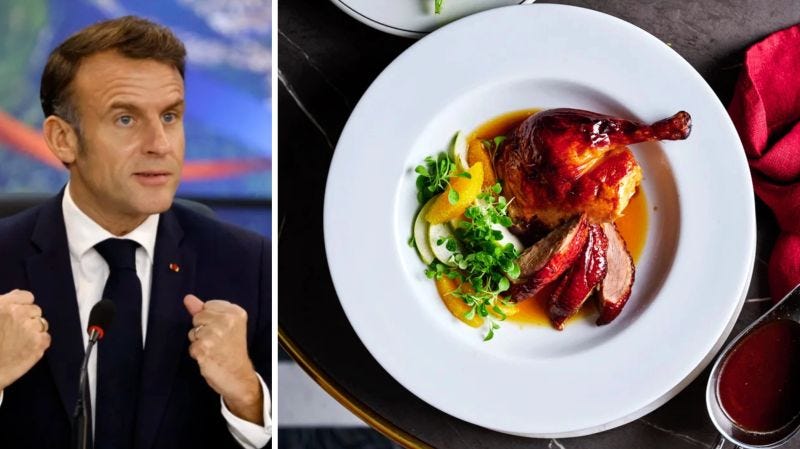 Photo of French President Macron, next to a photo of a dish of duck with orange sauce