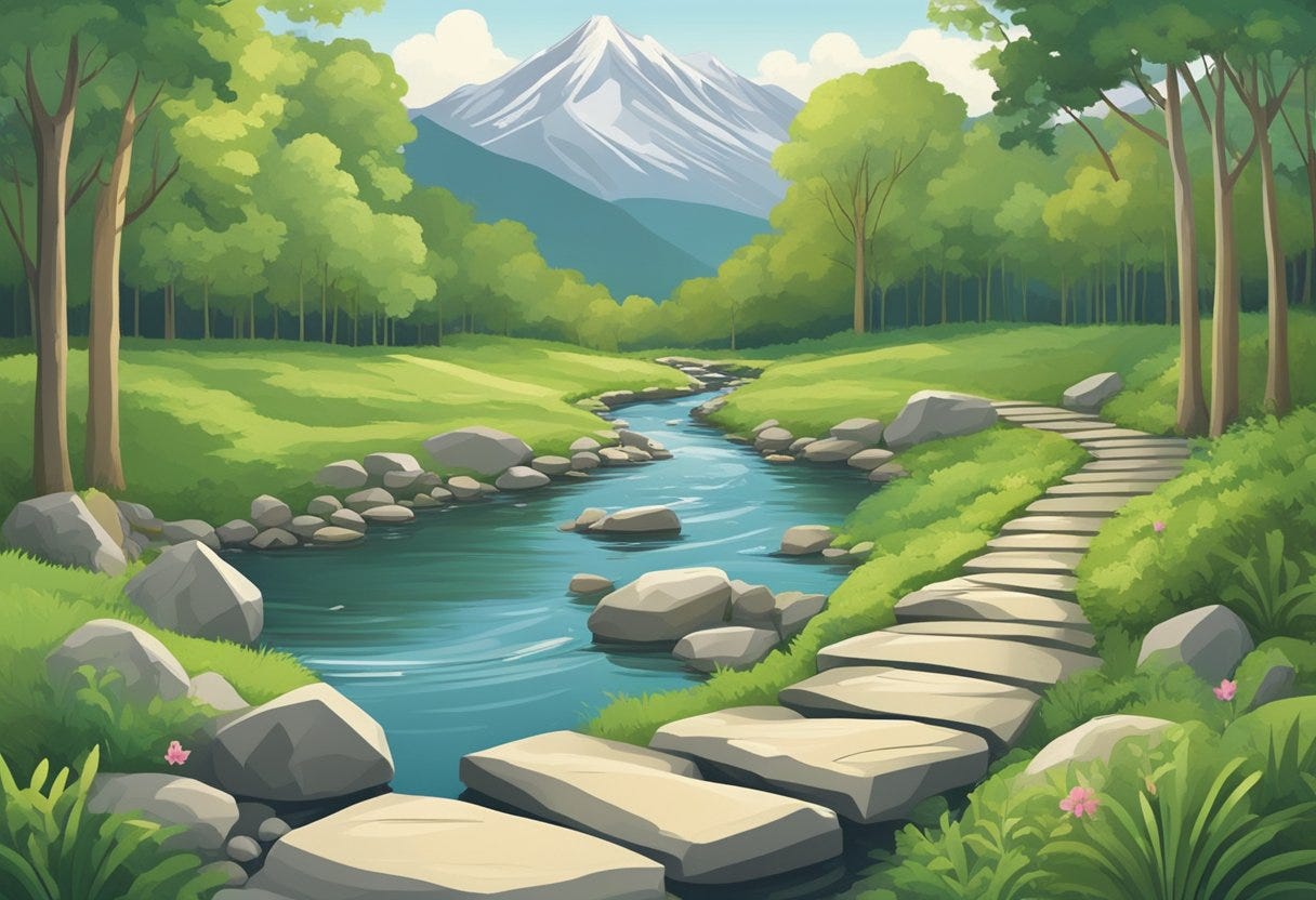 A winding path leads through a lush forest, with a distant mountain peak visible in the background. A series of stepping stones across a tranquil stream symbolizes progress towards long-term goals