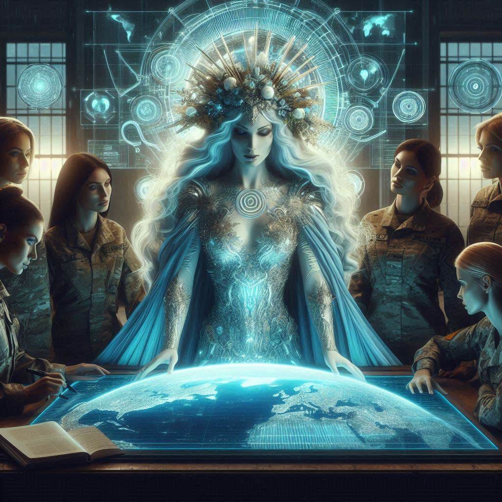 beautiful and compassionate goddess Gaia stands in front of a table with a map of the world. She is surrounded by female military personnel in uniform looking at the table. Sci-fi image