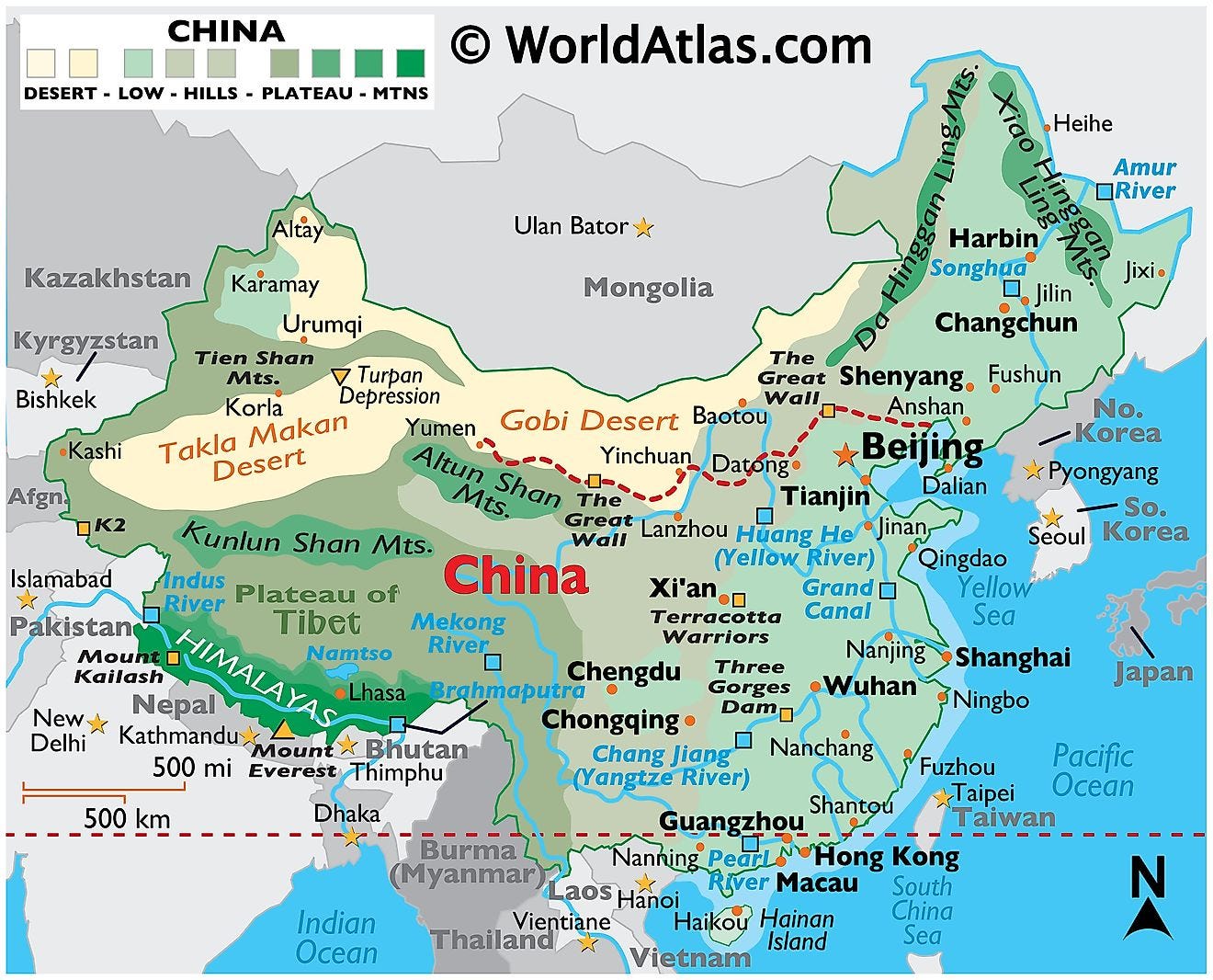 Physical Map of China showing the international borders, relief, mountain ranges, deserts like the Gobi and Takla Makan, important cities, islands, etc.