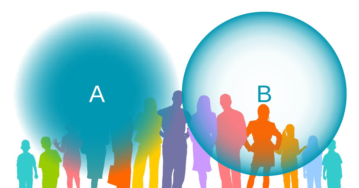 Two circles superimposed on stock footage of a group of people. These circles represent, respectively, the centre-seeker and the gatekeeper as personality types.