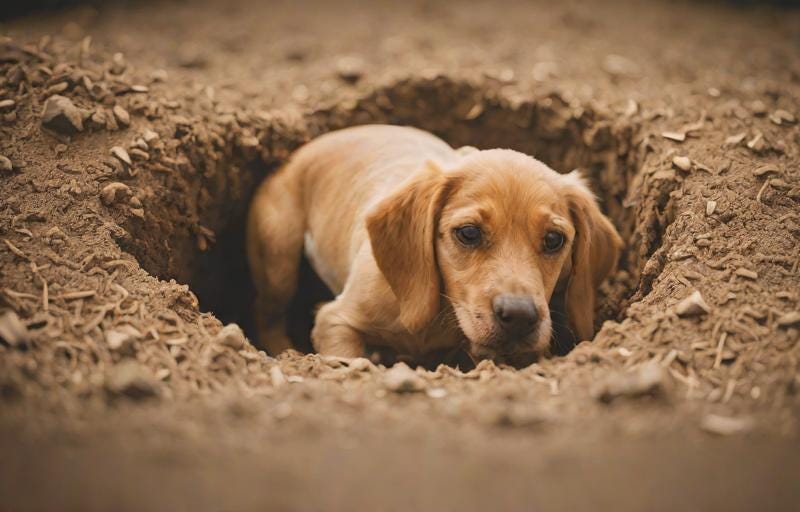 puppy looking up out of hole dug in dirt