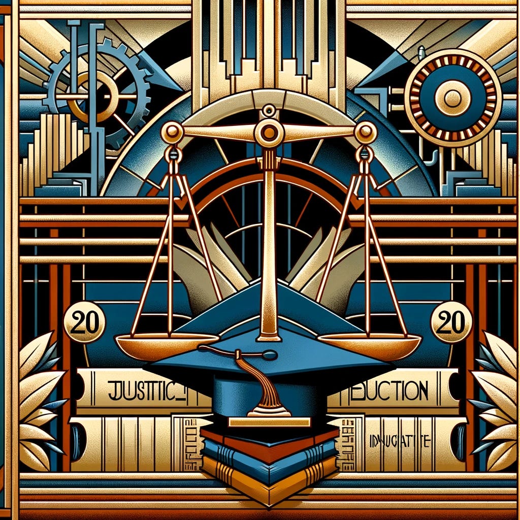 Create an Art Deco style illustration that reflects the 2020s American political elections. The background should feature typical Art Deco elements like sharp geometric patterns and the streamlined shapes characteristic of the 1930s. Integrate symbolic items like a balanced scale for justice, a book to represent education, and infrastructure elements to signify economic themes. Include an academic cap as a subtle nod to education investment. The color scheme should be rich in Art Deco tones of gold, silver, and bronze, accented with blues and reds to denote the political divide. The overall atmosphere of the illustration should be contemplative and convey a narrative of dynamic societal change, with a reflective mood.