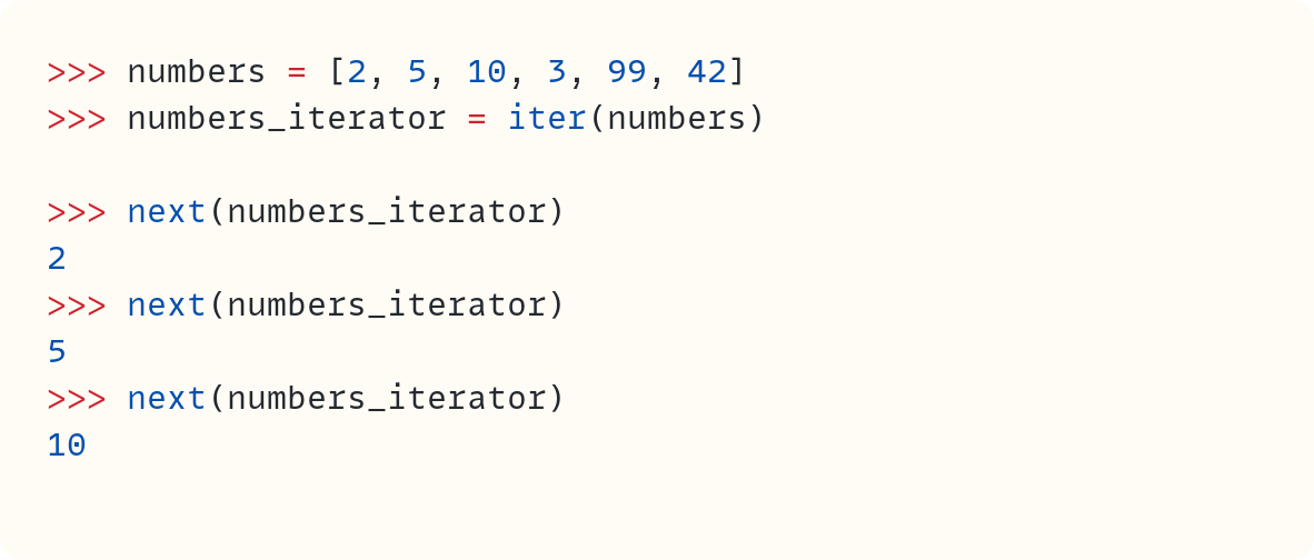 >>> numbers = [2, 5, 10, 3, 99, 42] >>> numbers_iterator = iter(numbers)  >>> next(numbers_iterator) 2 >>> next(numbers_iterator) 5 >>> next(numbers_iterator) 10