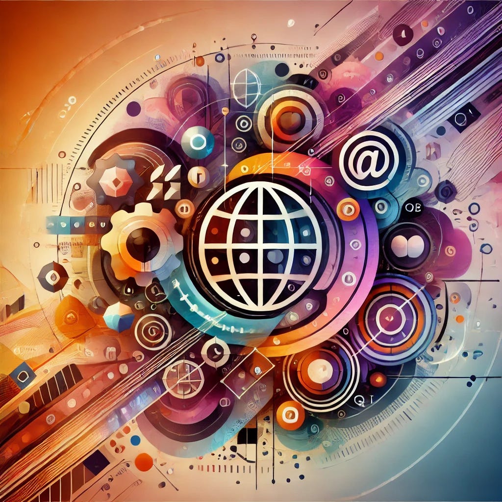 A creative, abstract illustration symbolizing translation and localization technology, with a unique artistic style. The layout features a colorful, layered background with overlapping shapes, symbols of languages (globe icons, various alphabet letters), and digital connections. The design is artistic and vibrant, with gradients and a mix of warm colors like orange, purple, and teal. The composition feels dynamic, with elements that represent global communication and language diversity, in a stylized, almost surreal art style. No text, only visuals conveying connectivity and technological influence in a contemporary, abstract form.