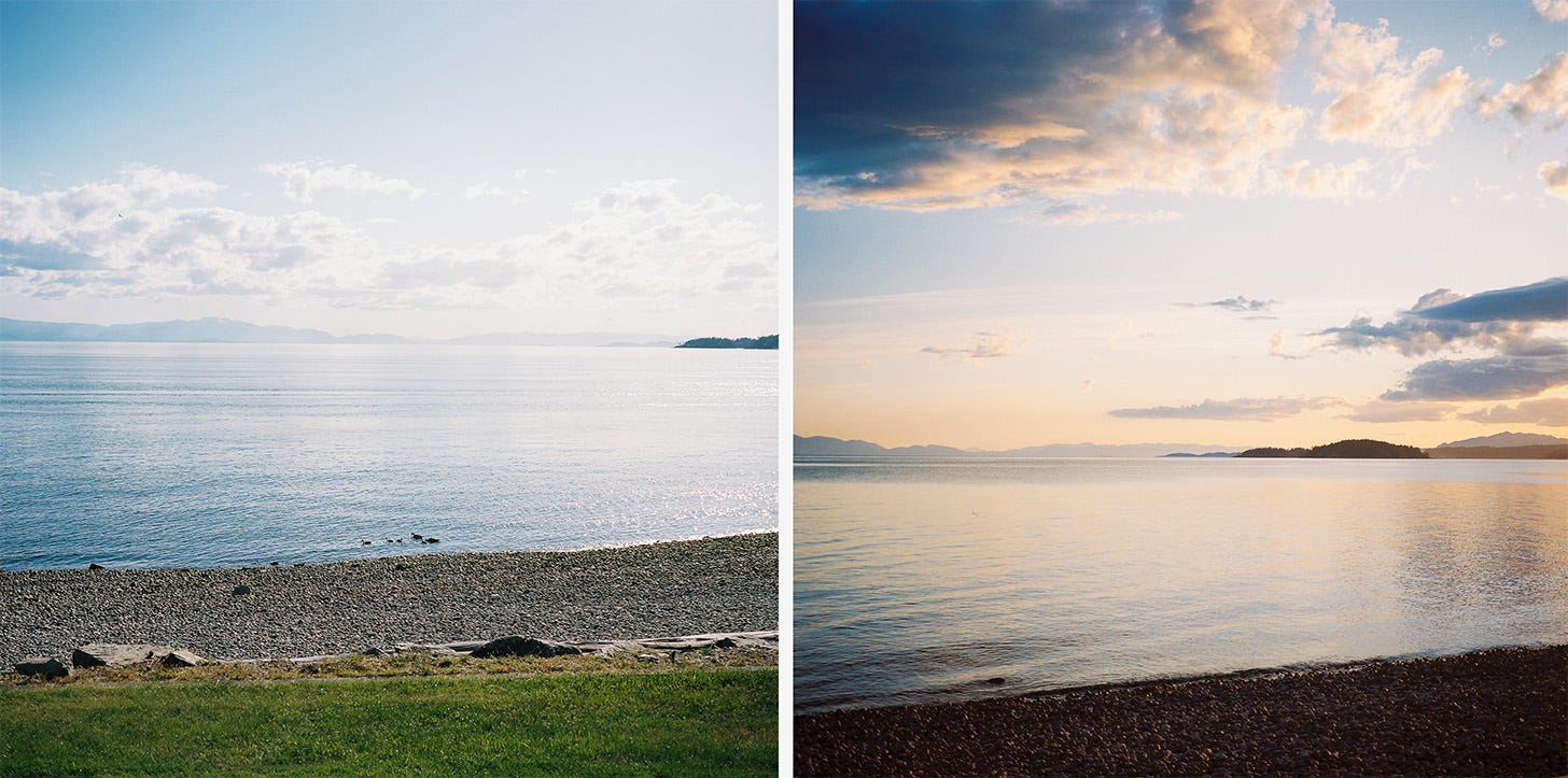 2 photos of the ocean, one at midday and one at sunset