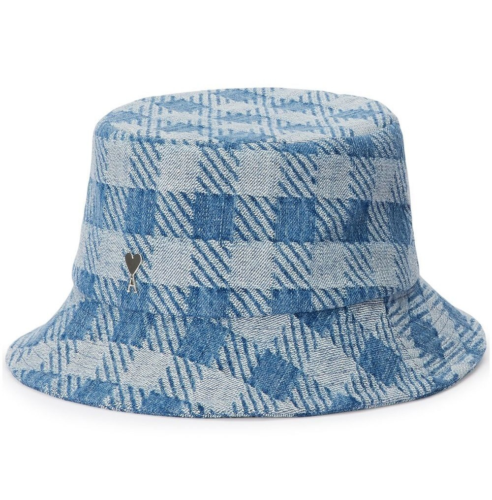 Aqua blue and light blue cotton washed denim check pattern hat featuring a silver-tone logo plaque and a dropped narrow brim. This unisex item is graded in standard men's sizing