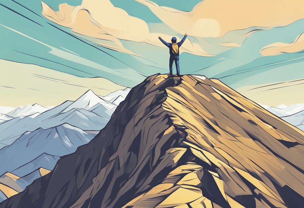 A person reaching the top of a mountain, arms raised in victory, with a trail of small milestones leading up to the summit