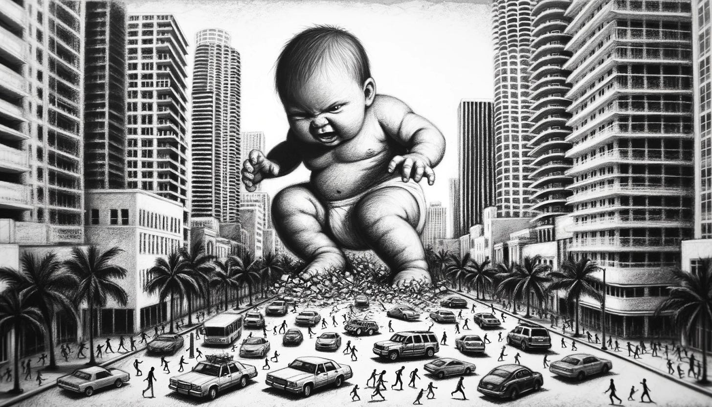 A giant baby towering over the buildings of downtown Miami, depicted as a charcoal sketch. The baby is crushing cars and scattering people in panic, with an innocent, curious expression. The Miami skyline, with its distinctive skyscrapers and palm trees, is clearly visible, drawn in detailed charcoal strokes. The streets are filled with small, crushed cars and people running away in fear. The overall scene should have a rough, textured appearance typical of charcoal sketches, emphasizing contrasts and shadows.