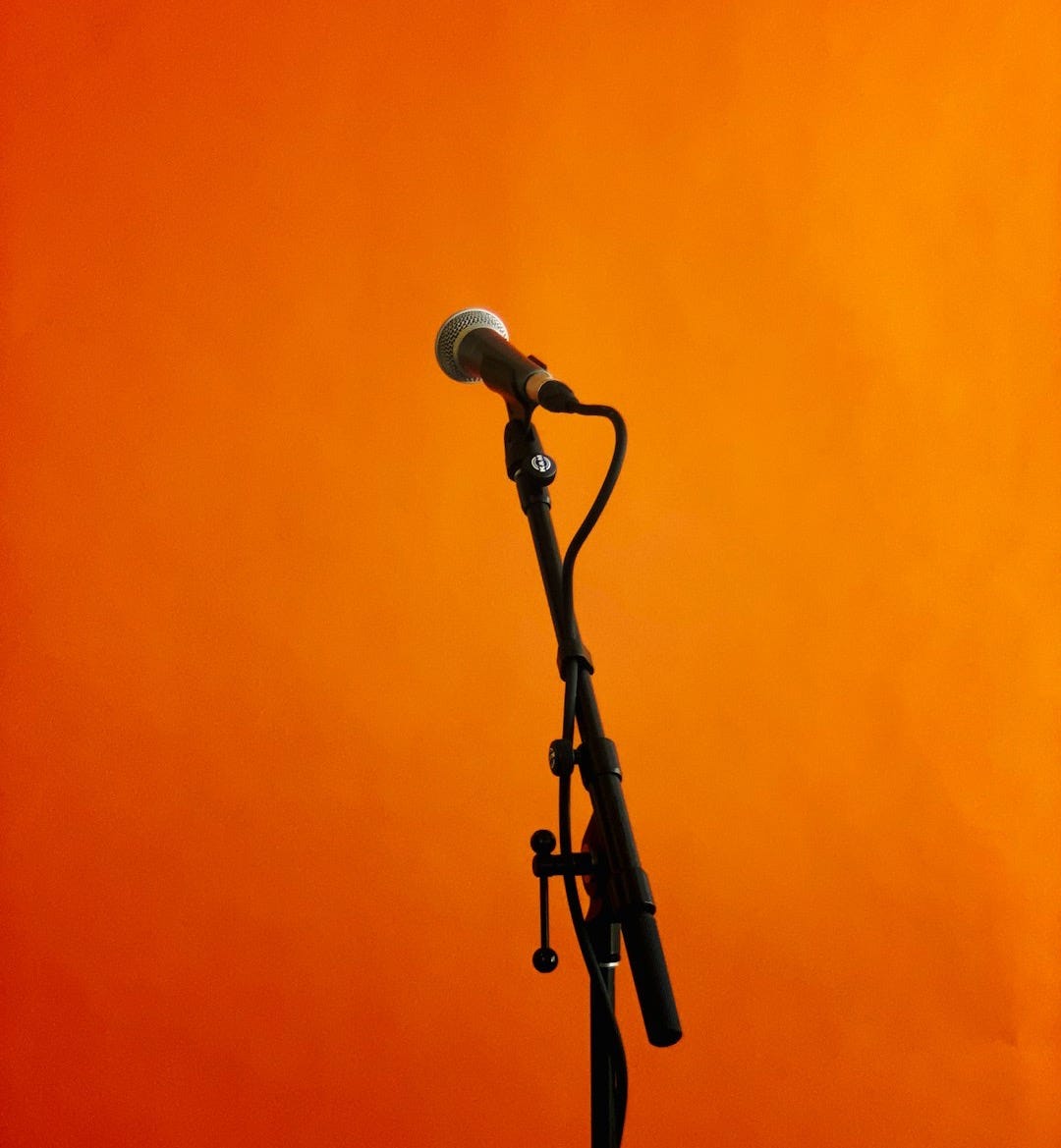 black and gray microphone with stand