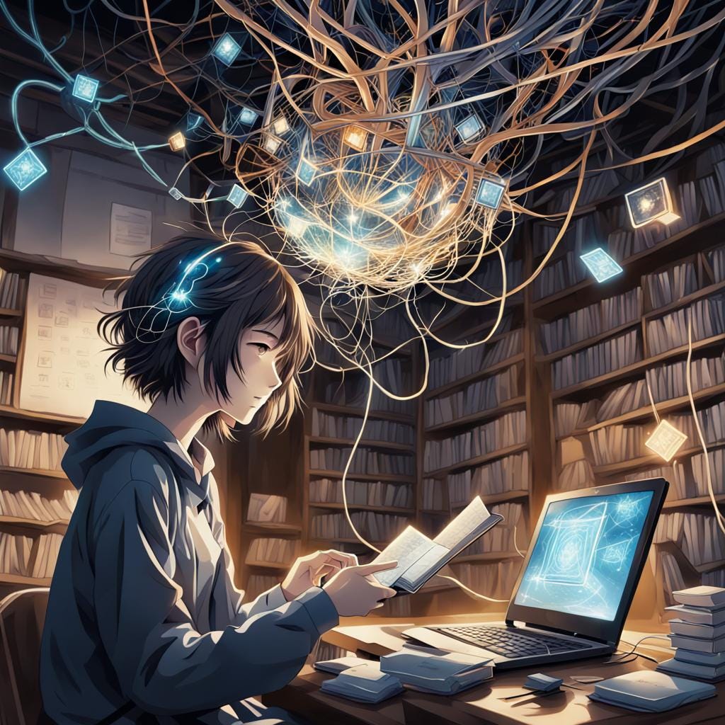 an illustration of a person sitting in a library in front of a laptop, holding a book and interacting intuitively with a system connecting thoughts and things