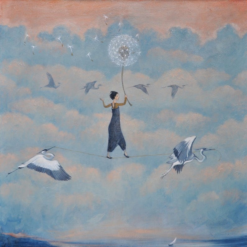 Lucy Campbell greetings card Lightness of Being. Inspirational image. Tightrope walker. Herons. Dandelion clock. Balance. image 1
