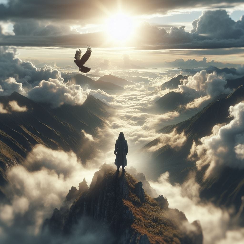 Hyper realistic tilt shift; resin dark haired man with his spirit surrounded by white clouds falling through sky high above the mountaintop.. Man is looking through clouds down through time to the land below. vast distance down to ground. He is a part of the mist and the sky. The sun is made of potential and ethereal bliss. The bird is connected to the man by telepathy