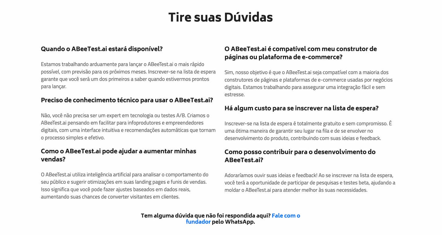 Seção de FAQ da landing page do AbeeTest.ai