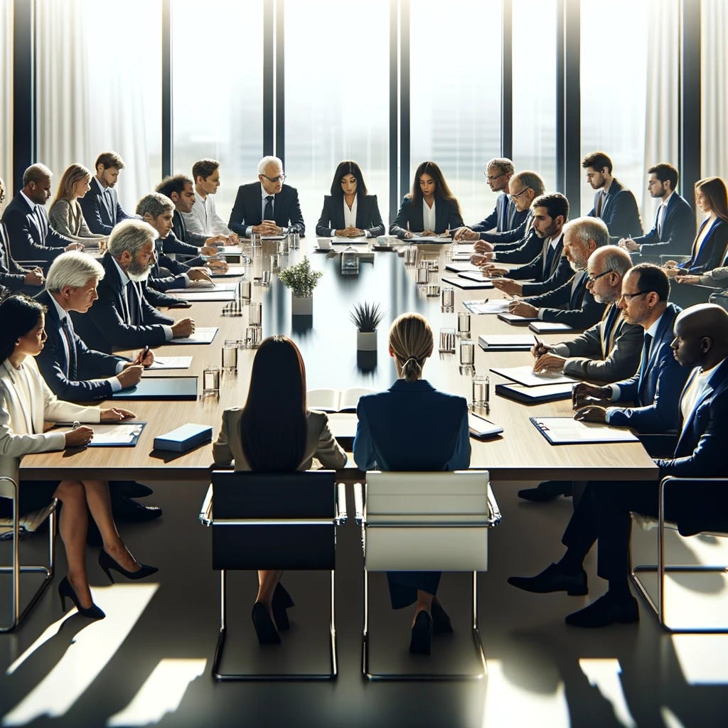 A diverse group of distinguished scientists is gathered around a large table in a bright, modern conference room, deeply engaged in an important policy discussion. The table is scattered with documents and papers, emphasizing the serious nature of their conversation. These scientists represent a variety of ethnicities and genders, showcasing diversity. The room is devoid of any audience, focusing solely on the scientists themselves. They are dressed in professional attire, reflecting the formality of their meeting. The atmosphere is one of concentration and earnest debate over significant policy matters.