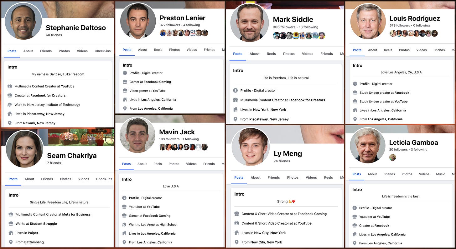 screenshots of 8 Facebook accounts that use GAN-generated faces as profile photos