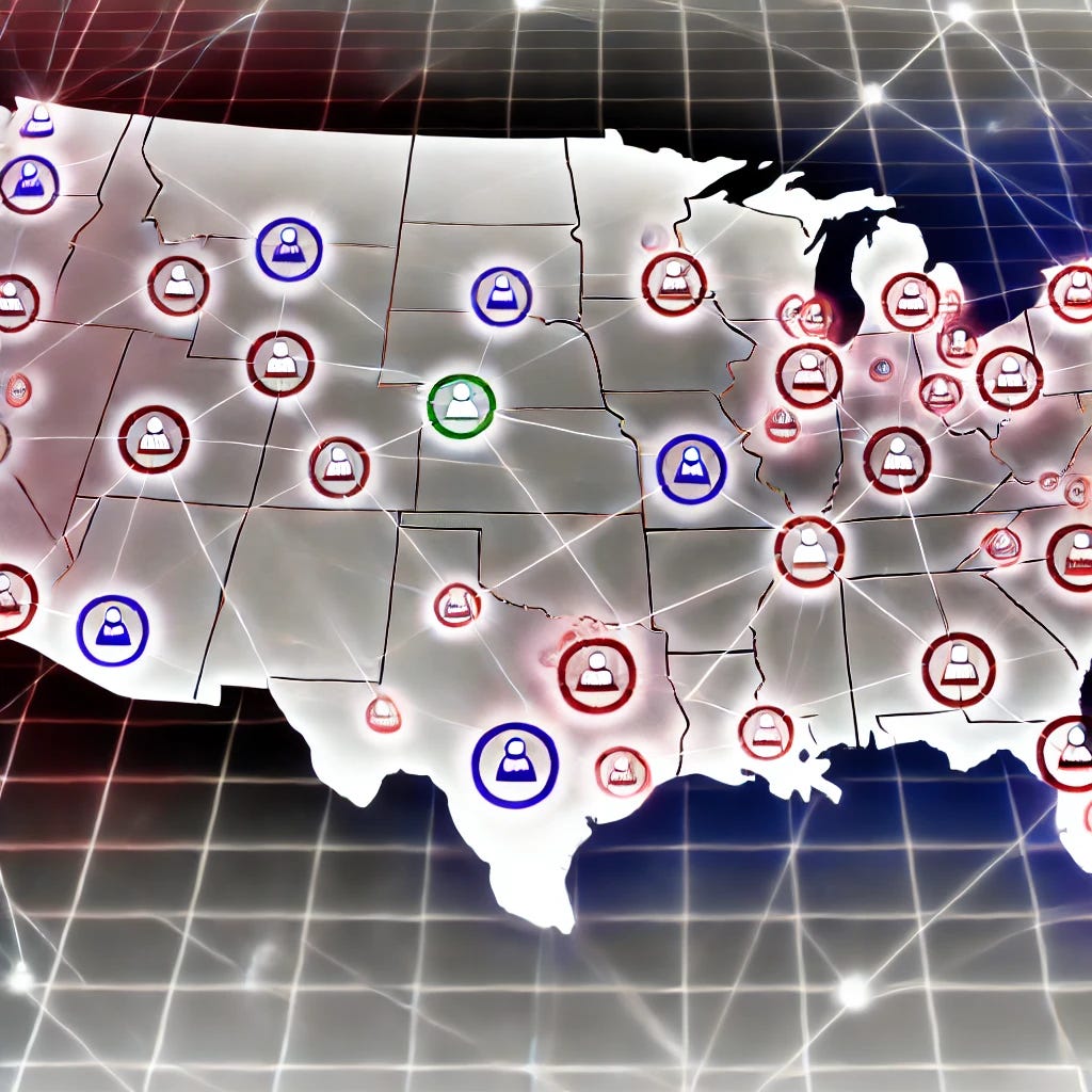 A network of 80 equal-sized research nodes positioned across the United States, symbolizing decentralized scientific labs. Each node represents regional research focus, all evenly sized and distributed within the US. The nodes are connected by bright, dynamic lines, suggesting vibrant information exchange and cooperation. The image reflects scientific transparency, accountability, and the regional adaptability of public health research, with clear boundaries of the U.S. map in the background and the network appearing overlaid on top.