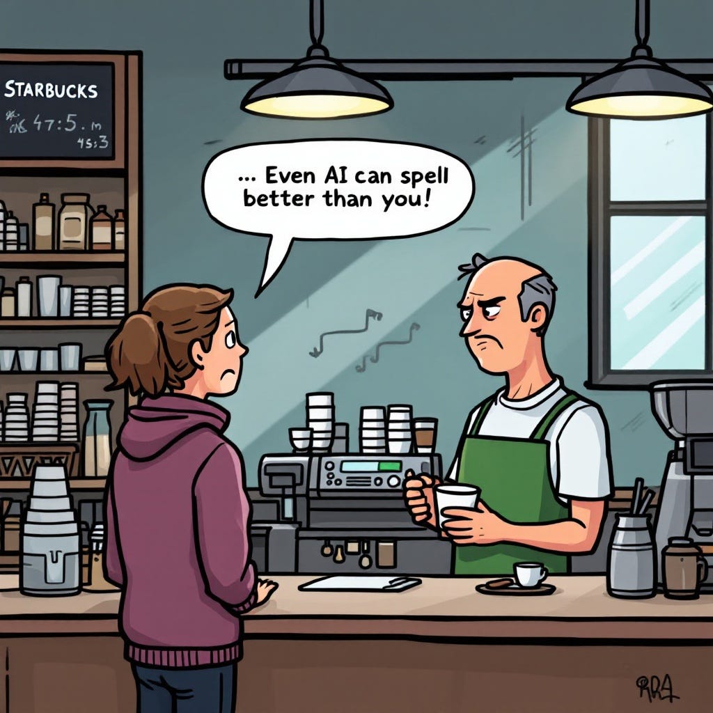 Cartoon illustration: Starbucks coffee shop. A frowning customer holds a coffee cup, saying to the barista, “Even AI can spell better than you!” The barista stands behind the counter, next to coffee machines, stacked cups, and ingredients. by FLUX