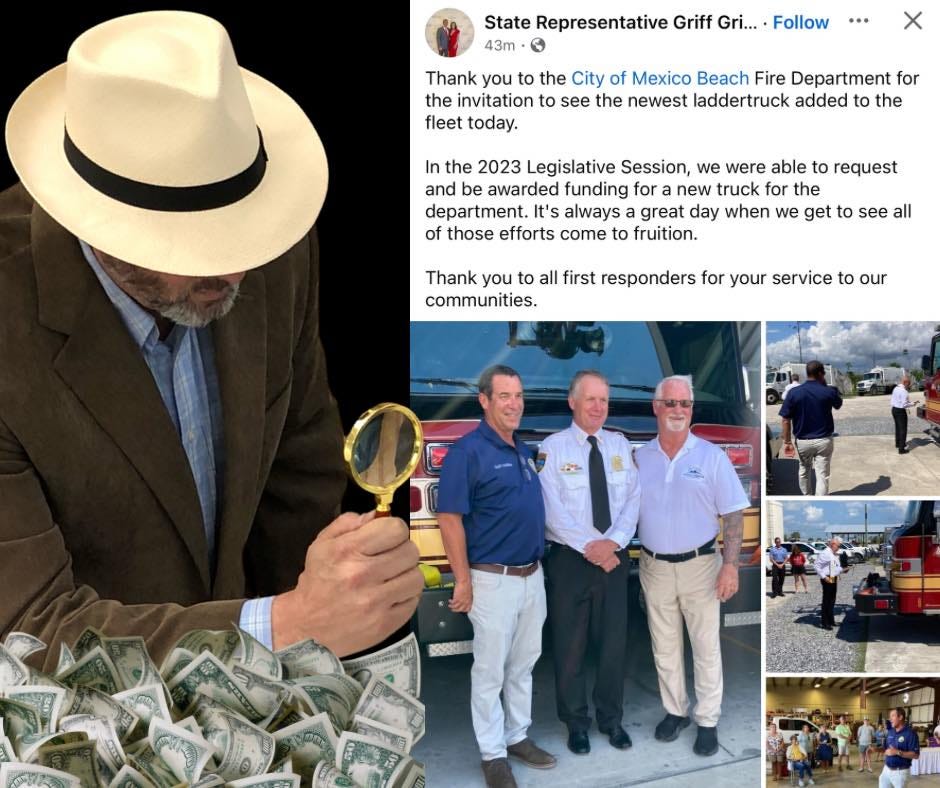 May be an image of 7 people, hat and text that says 'State Representative Griff Gri...• Follow 43m Thank you to the City of Mexico Beach Fire Department for the invitation to see the newest laddertruck added to the fleet today. In the 2023 Legislative Session, we were able to request and be awarded funding for new truck for the department. It's always great day when we get to see all of those efforts come fruition. Thank you to all first responders for your service to our communities. o'