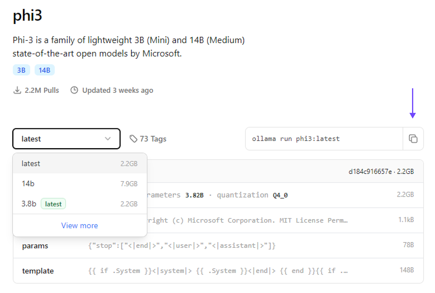 Model card and command to pull and run an LLM on Ollama in the terminal.