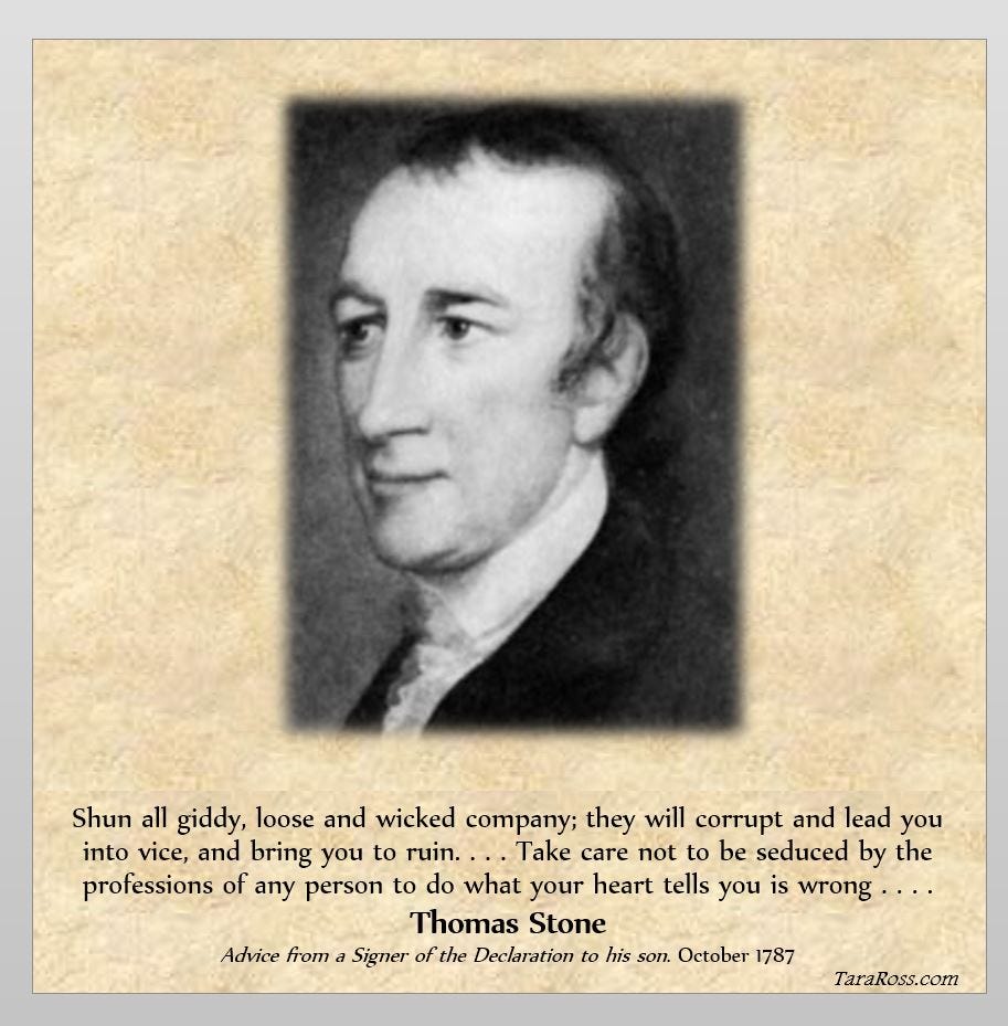 portrait of Stone with his quote: "Shun all giddy, loose and wicked company; they will corrupt and lead you into vice, and bring you to ruin. . . . Take care not to be seduced by the professions of any person to do what your heart tells you is wrong . . . ."