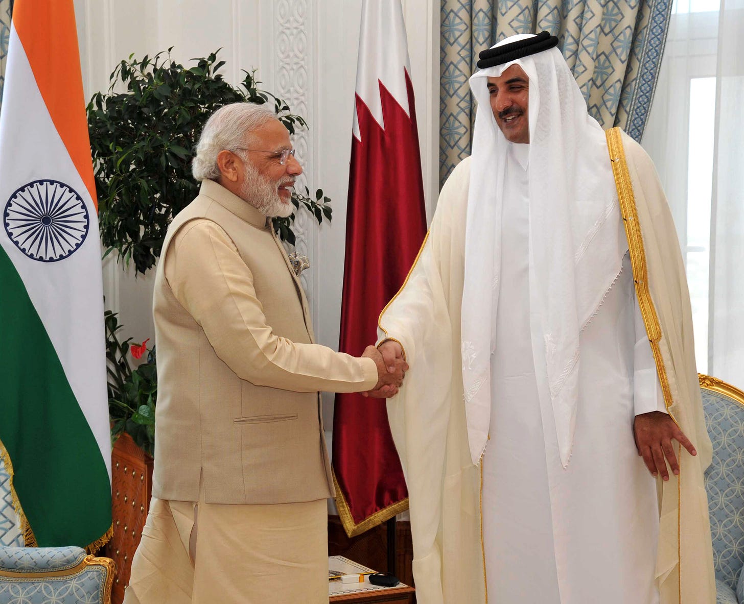 File:The Prime Minister, Shri Narendra Modi with the Emir of Qatar Sheikh  Tamim Bin Hamad Al Thani, in Doha, Qatar on June 05, 2016.jpg - Wikipedia