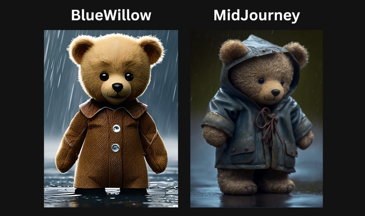 A tiny teddy wearing a raincoat in the rain. Side by side image comparison of images generated by BlueWillow and MidJourney AI