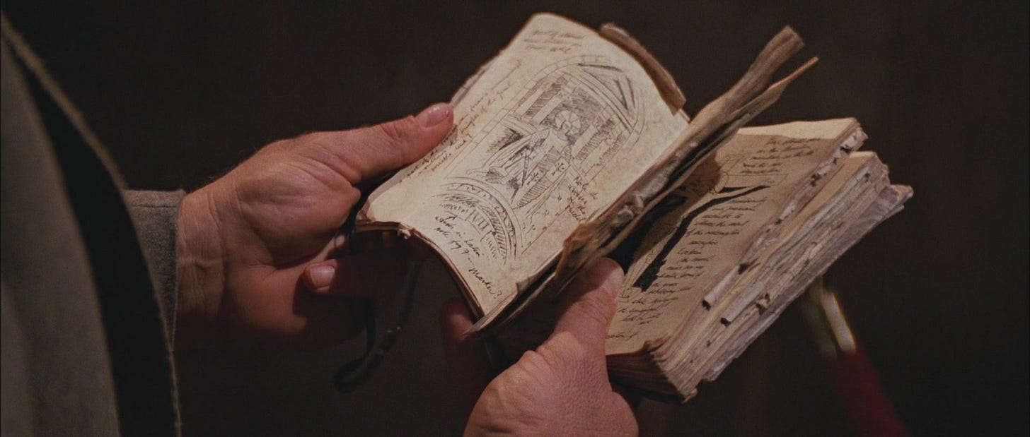 A still from the movie "Indiana Jones and the Last Crusade", showing the diary used by Henry Jones Sr. The cover is worn and the pages are filled with scribbled notes.