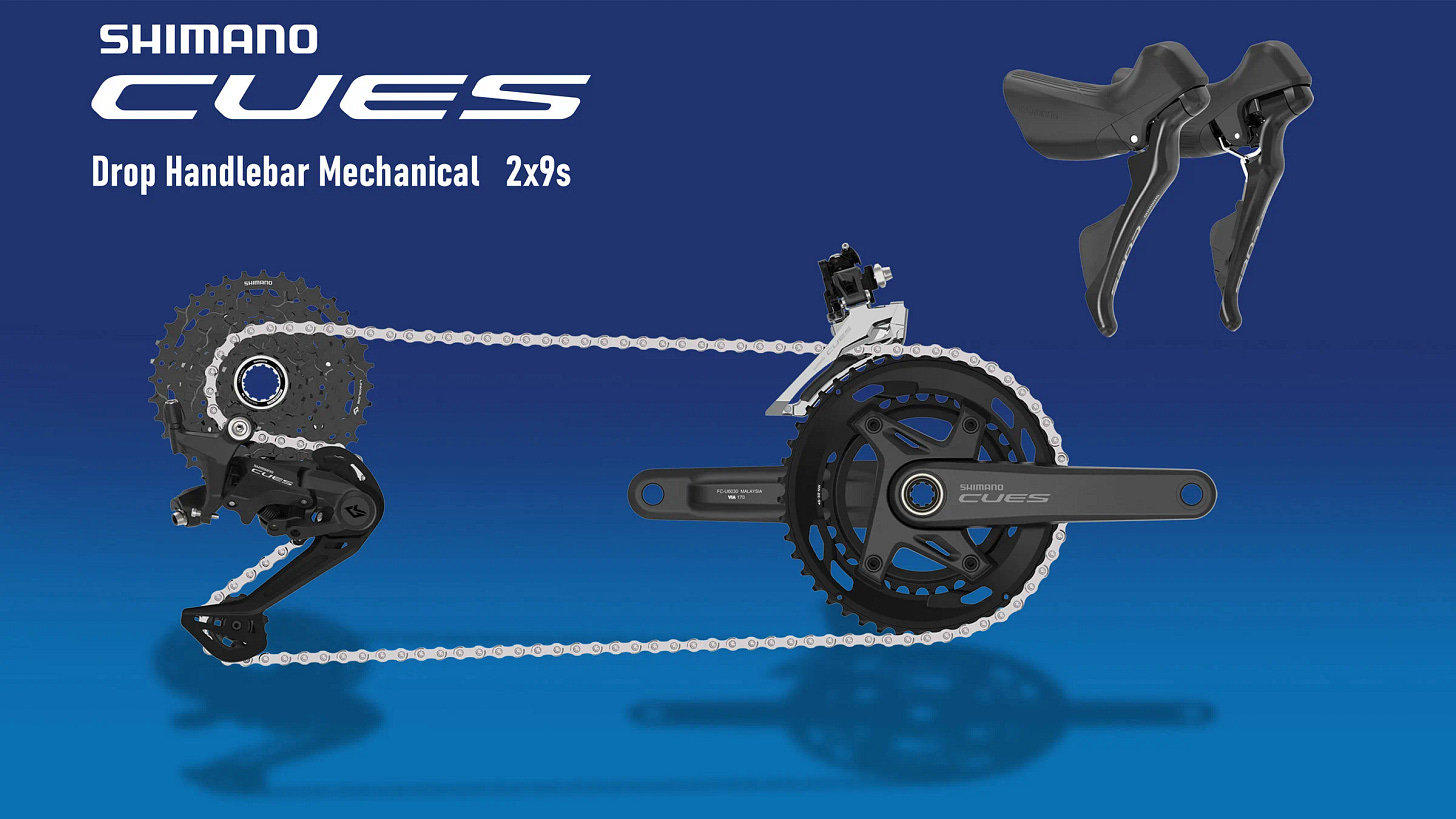 Shimano Cues Drop Bar, more affordable durable 9sp 10sp 11sp LinkGlide dropbar road gravel commuter bike drivetrains, 2x9sp groupset