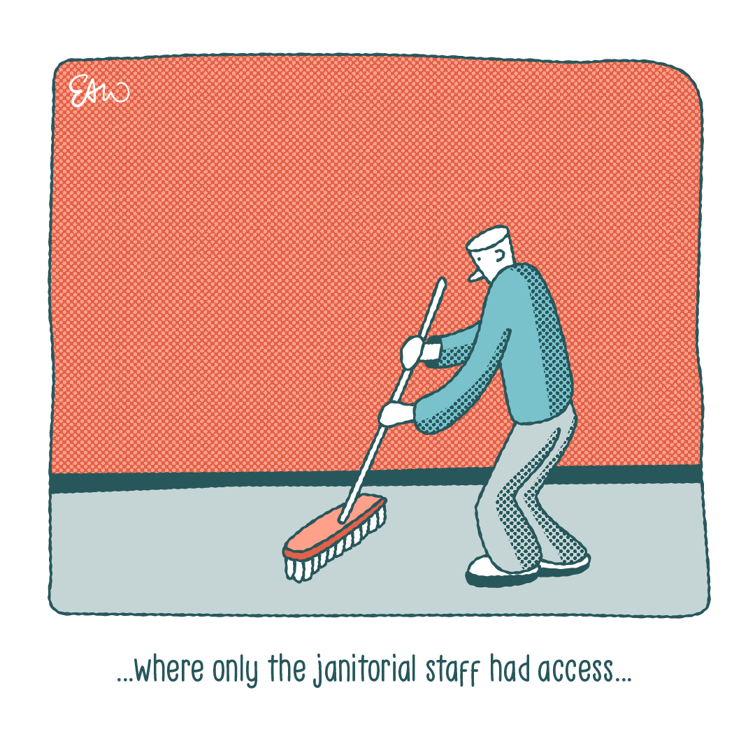 Panel seven of ten. The caption starts and ends with an ellipsis, and reads, “where only the janitorial staff had access.” The illustration depicts a single individual sweeping the floor with a wide broom and elongated handle.