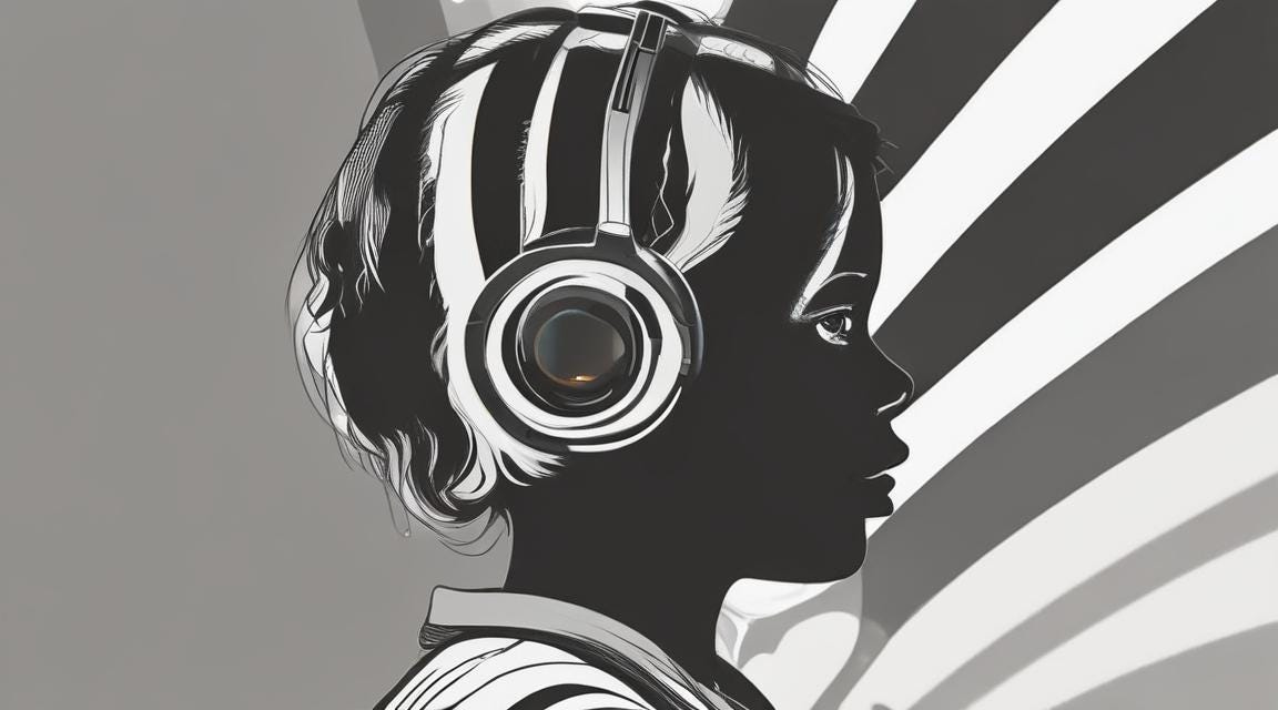 A child's profile. They are wearing headphones and looking off towards a stylized rainbow. The entire image is grayscale. 