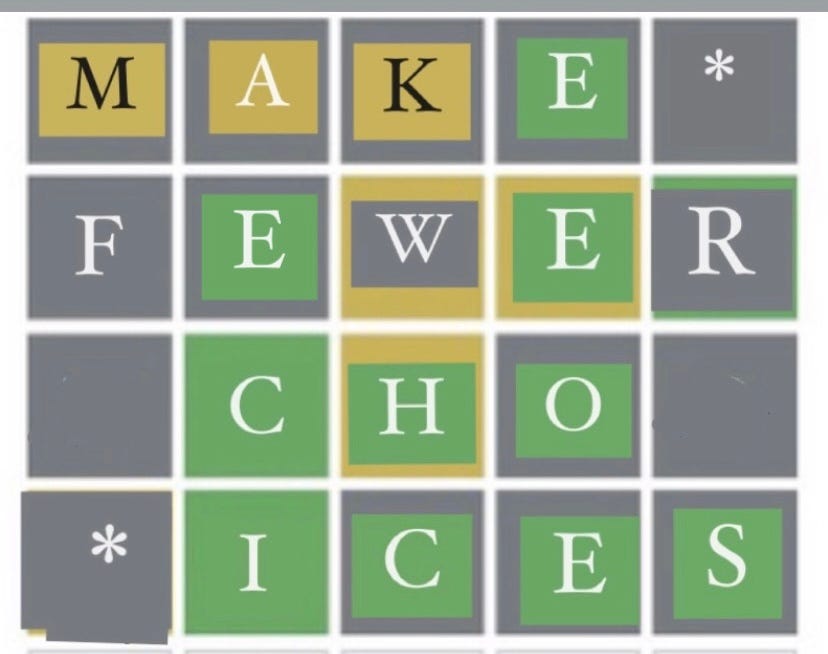 a graphic made to look like the Wordle screen that reads "make fewer choices"