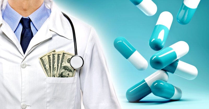 doctor with money in pocket and pills