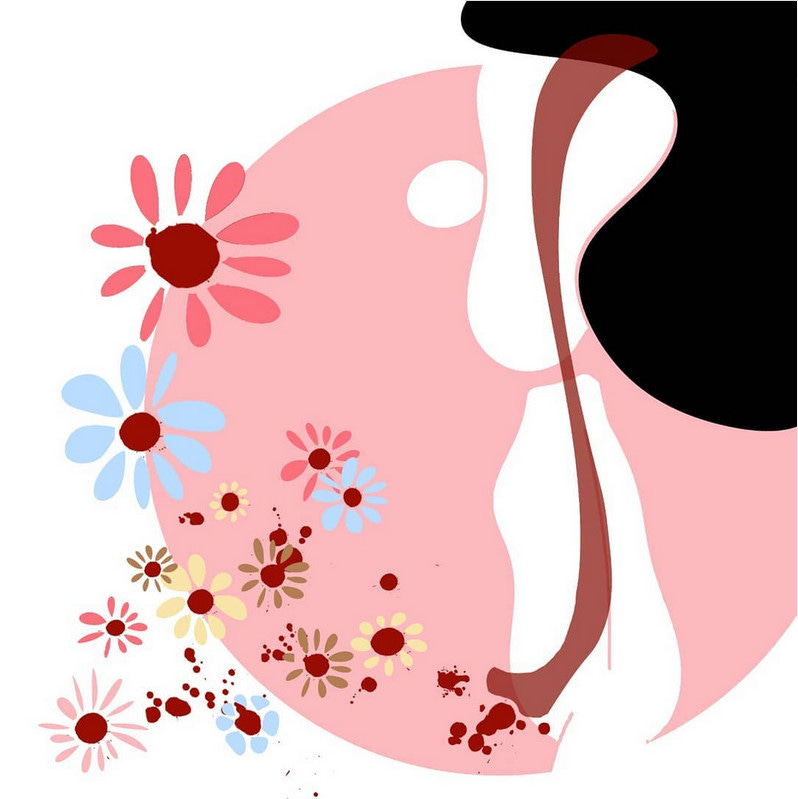 ilustración sobre la menstruación en el que aparece el perfil de una mujer y varias flores sobre un fondo de color rosado