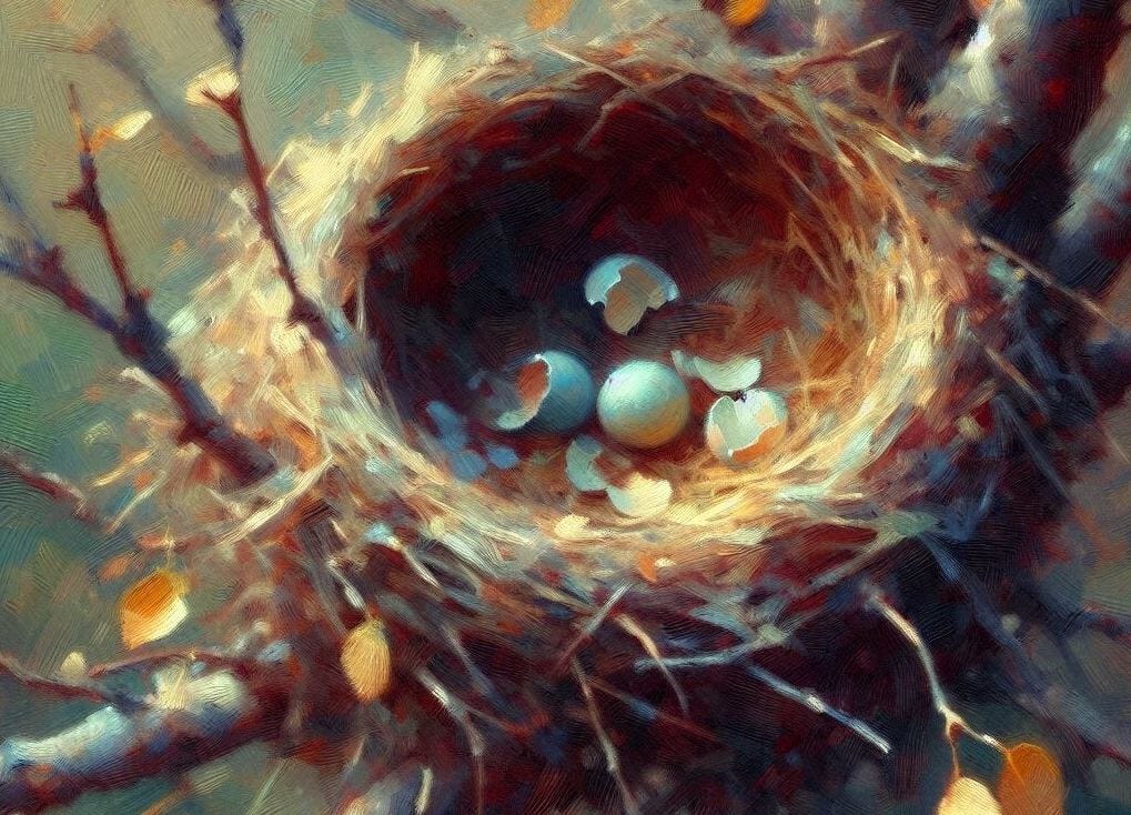 An empty bird's nest with broken eggshells