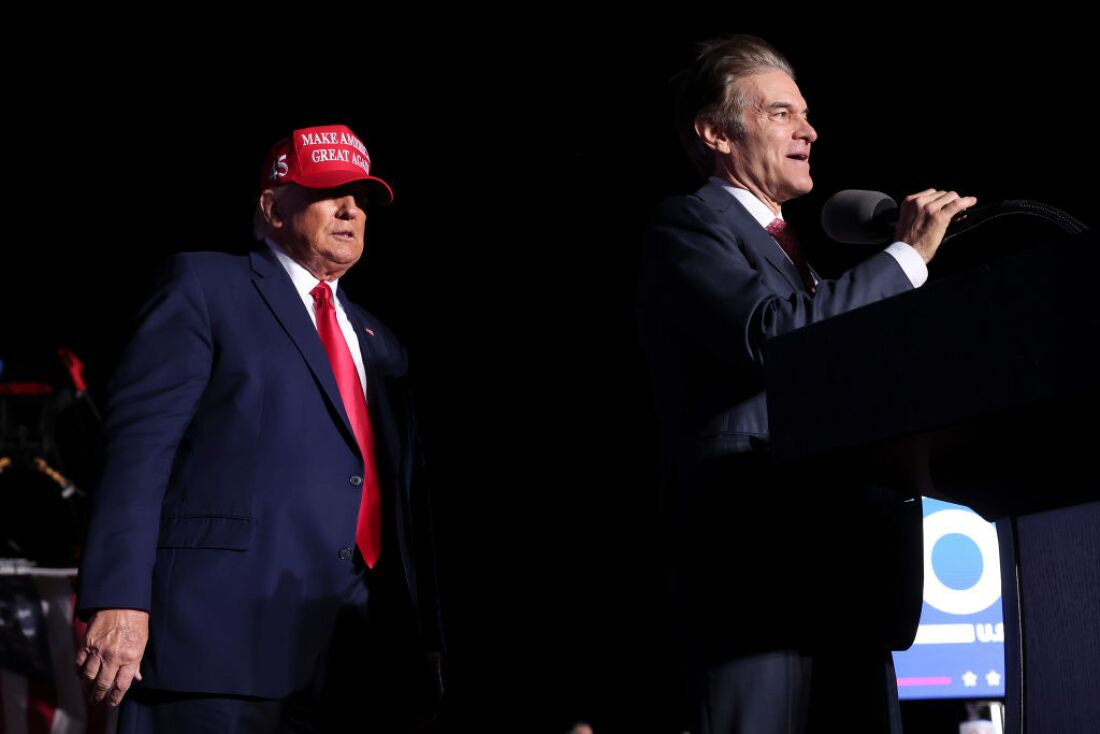 President-elect Donald Trump (R) has picked celebrity physician Dr. Mehmet Oz (L) to lead CMS. Here they're seen together during a rally at the Arnold Palmer Regional Airport November 5, 2022 in Latrobe, Pennsylvania when Oz was running for Senate in that state.