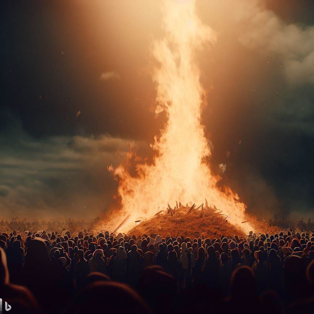 an AI generated image of a funeral pyre at night with a large crowd watching the massive flames