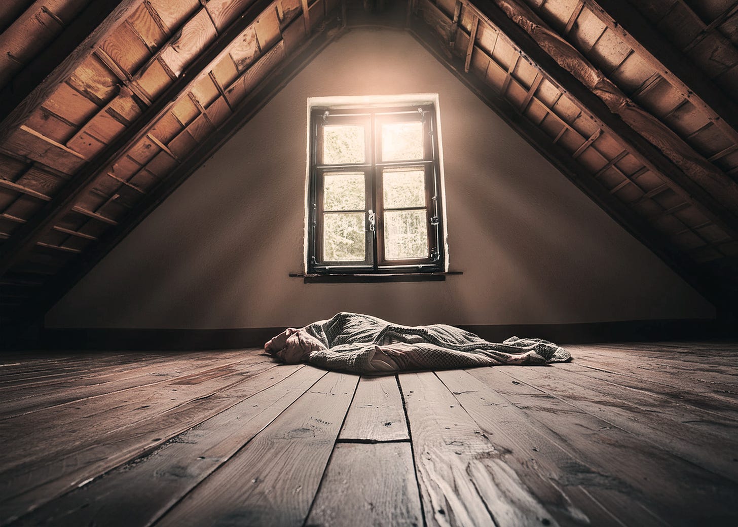 abandoned attic bedroom with old worn blanket on wood floor and meager sunlight streaming from small window