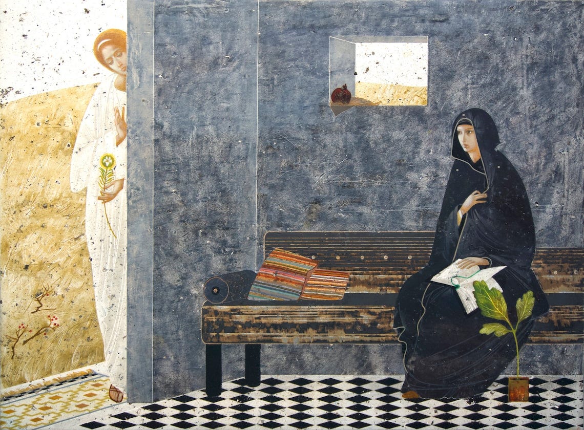 Annunciation original print on natural canvas and stretcher image 1