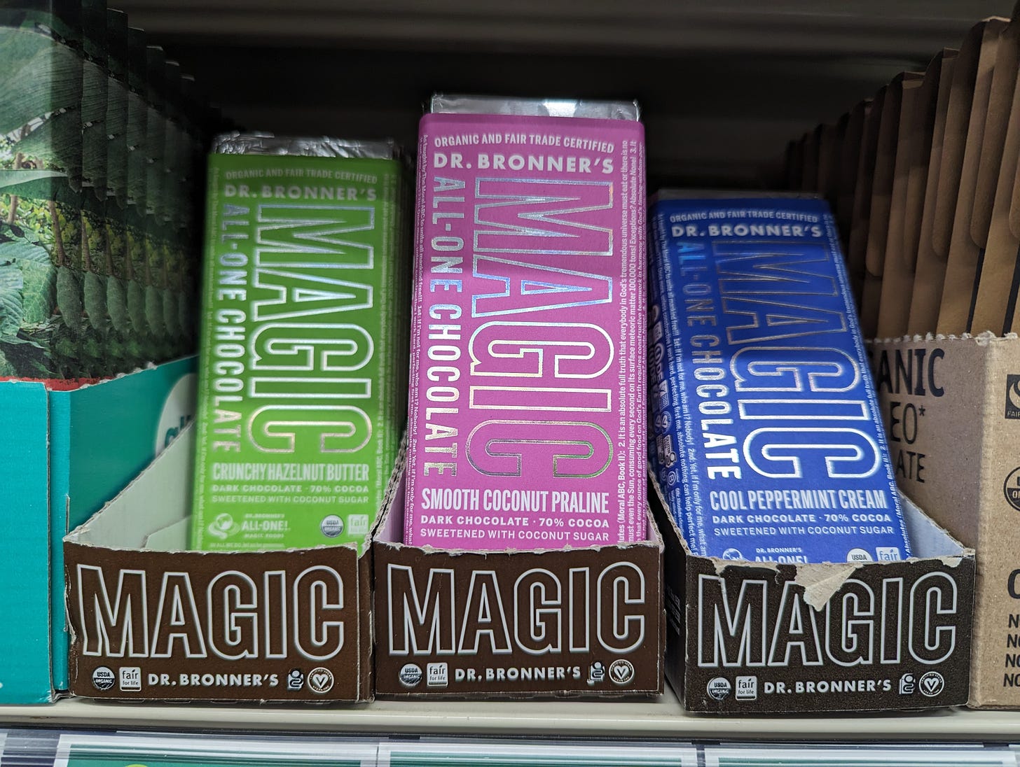A selection of Dr. Bronner's Magic All-One Chocolate