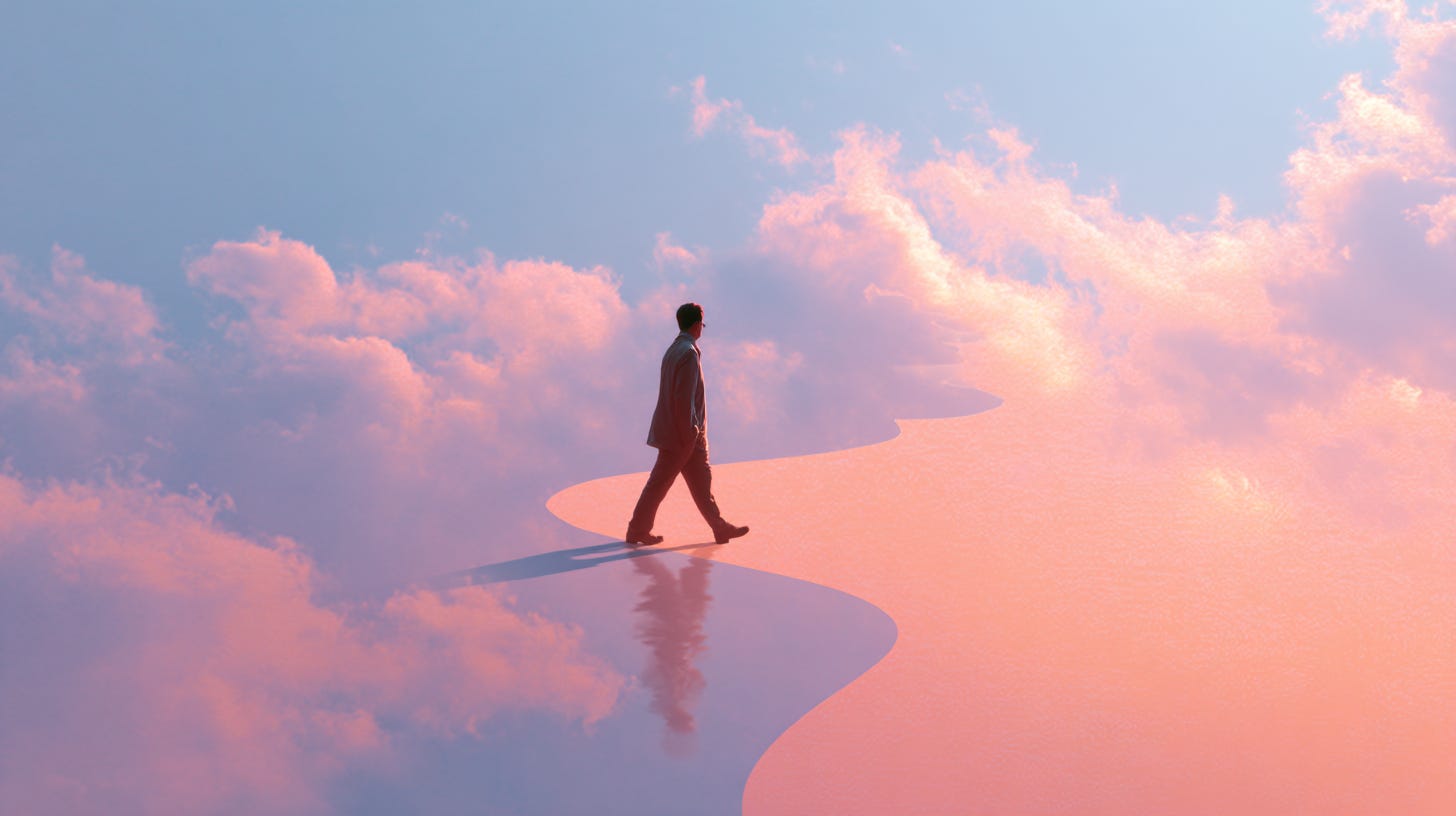 luminous path winding through soft glowing clouds, silhouette walking with calm determination, pastel sky gradients, representing purpose-driven life and clarity of being, eudemonic well-being --ar 16:9 --profile vumoqva --v 7 luminous path winding through soft glowing clouds, silhouette walking with calm determination, pastel sky gradients, representing purpose-driven life and clarity of being, eudemonic well-being --ar 16:9 --profile vumoqva --v 7