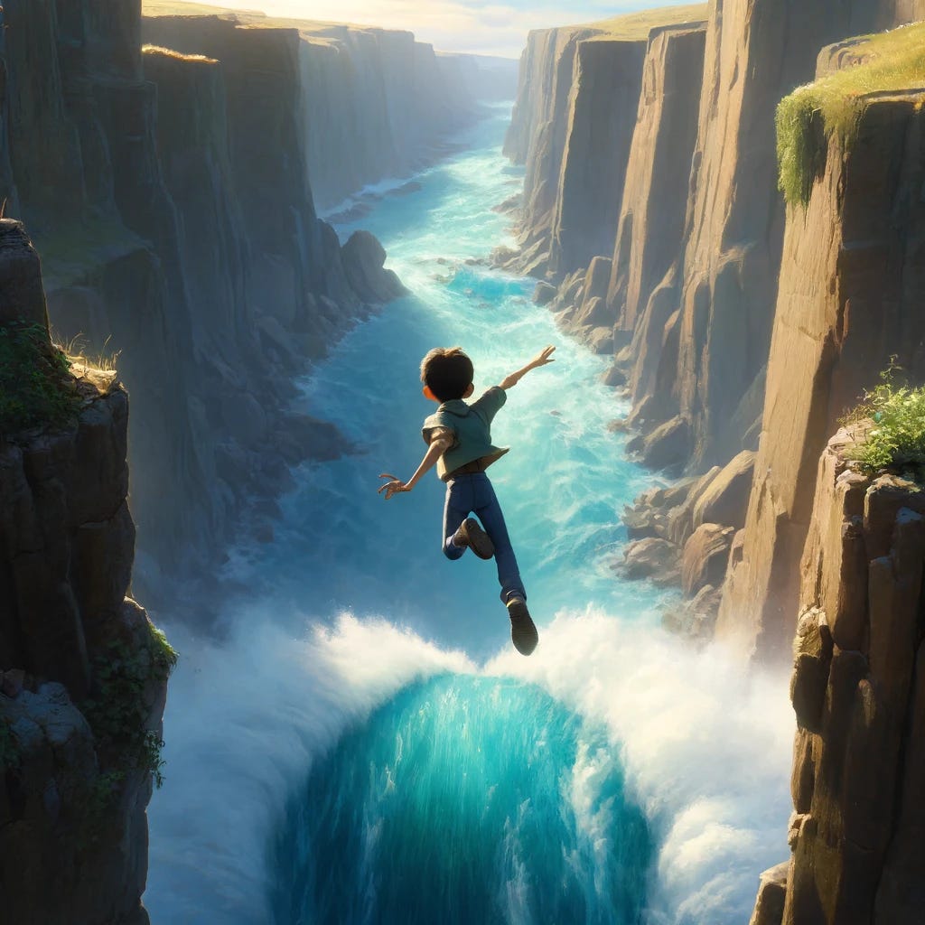 An animated scene of a young boy jumping from one side of a cliff to another, with a wide, fiercely flowing river beneath him. The boy is depicted mid-jump, his body stretched out towards the far cliff, a determined look on his face. The river below is animated with vibrant blue water, white rapids, and waves crashing against rocks. The cliffs are rugged and steep, covered in patches of greenery. The scene captures a moment of courage and adventure, with the sun casting a soft glow on the boy and the surrounding landscape, enhancing the dramatic effect of the jump.
