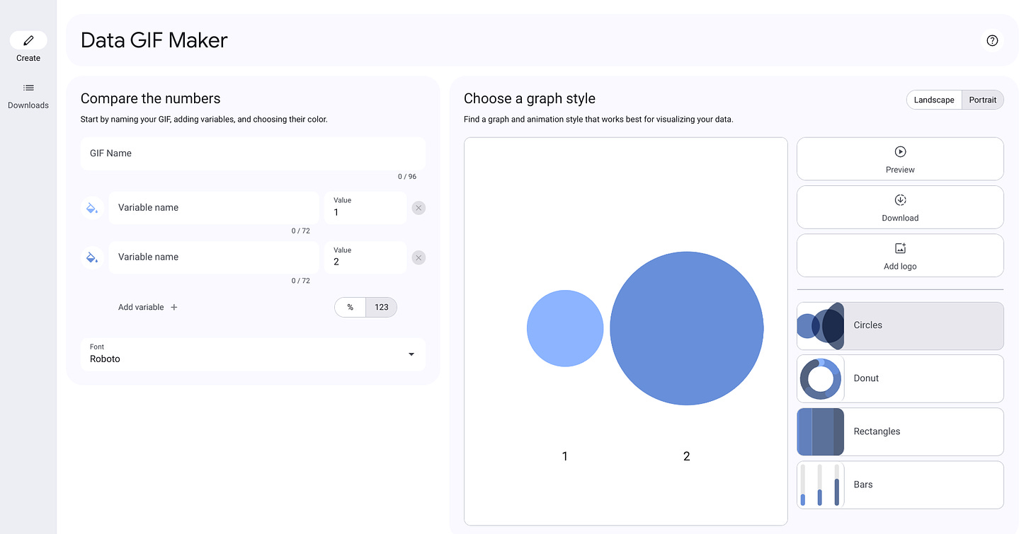 The Data GIF Maker website. Options include adding up to five variables, accessing downloads, changing variable colors, landscape and portrait, preview, download, and add logo. The graph styles are circles, dou’t, rectangles, and bars.