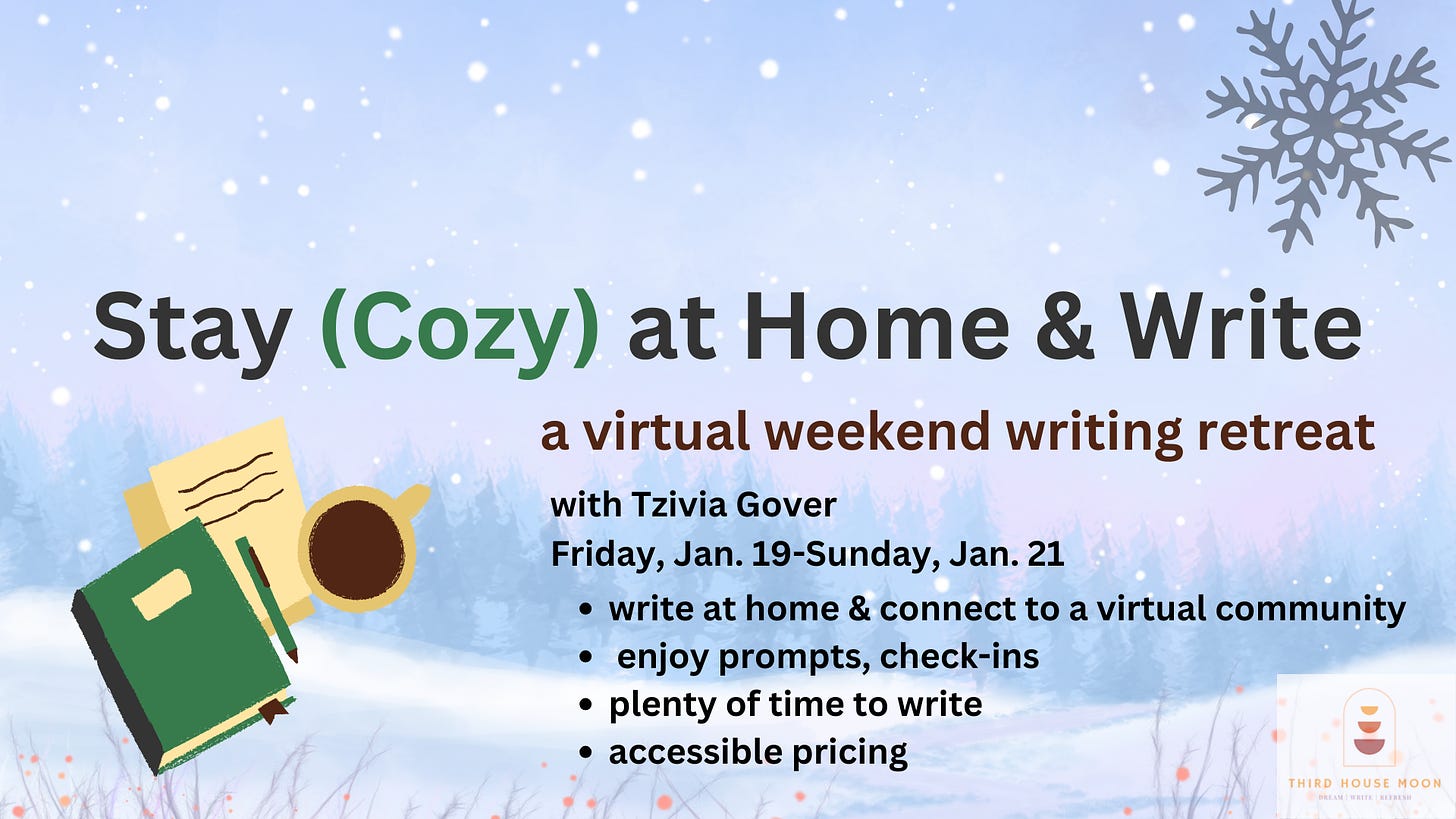 logo for Write at Home Retreat with coffee mug, journals, and snow