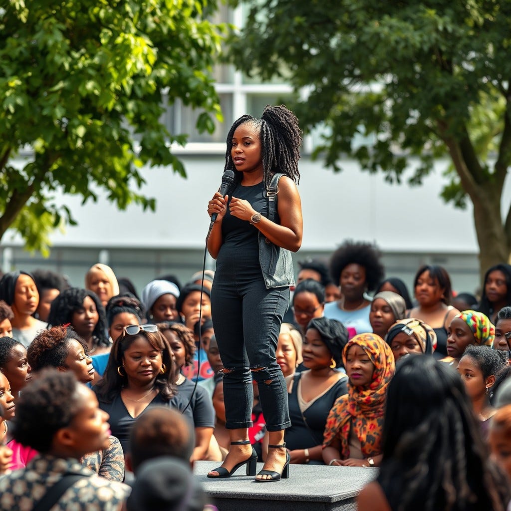 Provide me a realistic image of an African American woman standing with a microphone  saying her declaration with a crowd of women listening. The crowd is women of all ages and wearing urban wear, hair not wrapped. in the summer time. She is on a platform