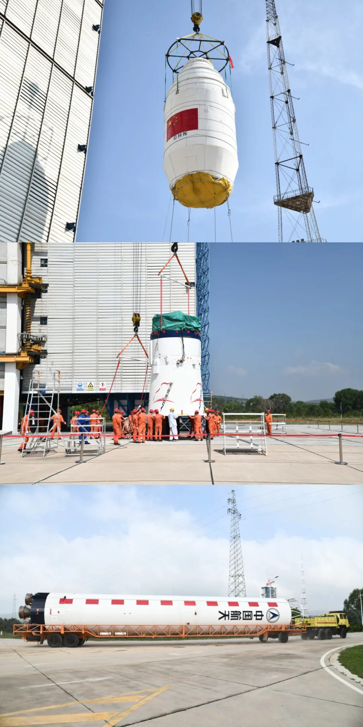 The fairing of the Long March 4B Y58 being lifted onto the launch vehicle with Gaofen 11-05 inside (Top), the third-stage of the Long March 4B Y58 vehicle ahead of being integrated onto the launch vehicle (Middle), the first-stage of the Long March 4B Y58 being transported to its launchpad (Bottom).