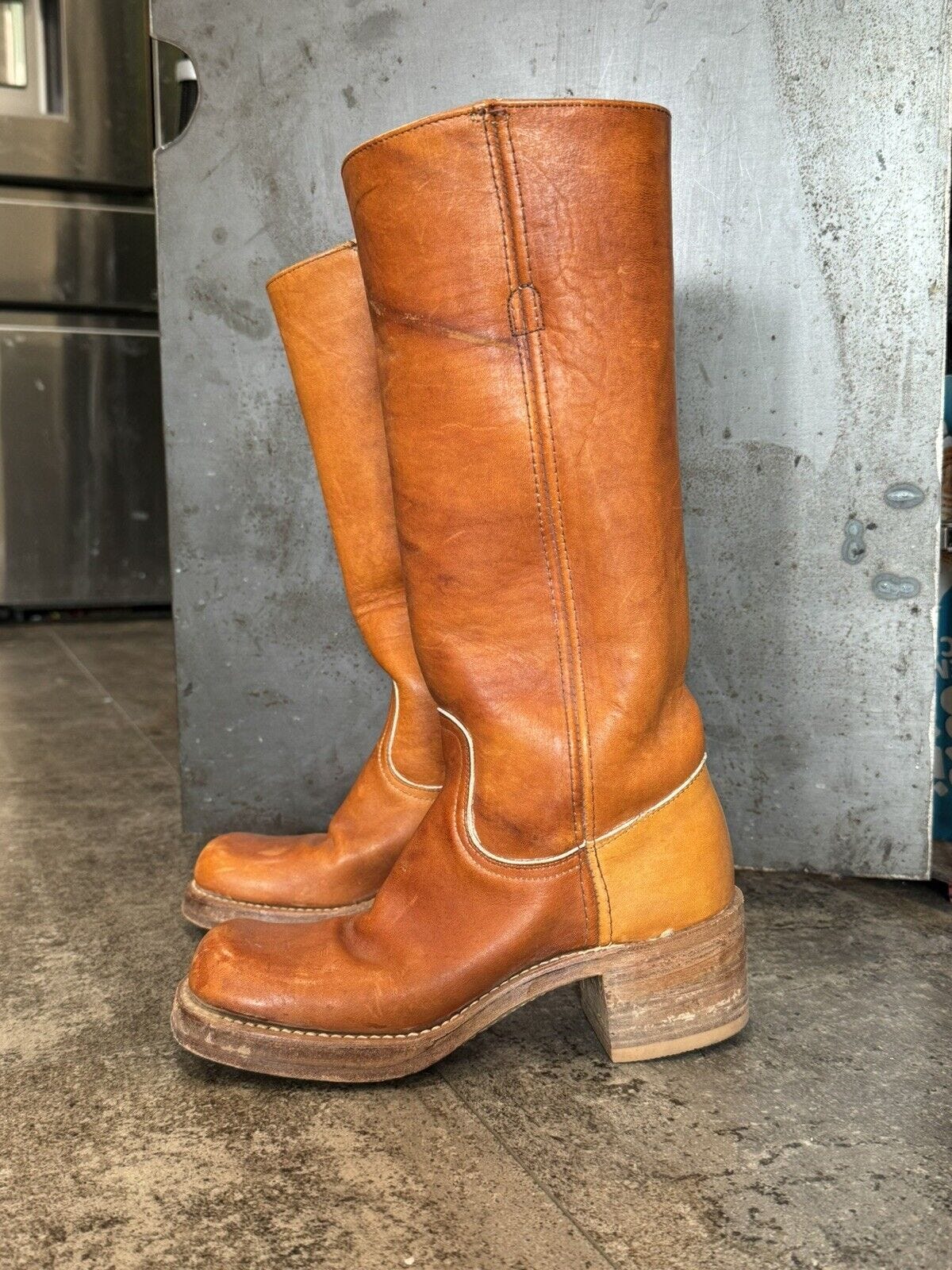 Vintage Frye Black Label USA Campus Boots Chunky Heel 5 Cognac Tan Square Toe 70 - Picture 1 of 12
